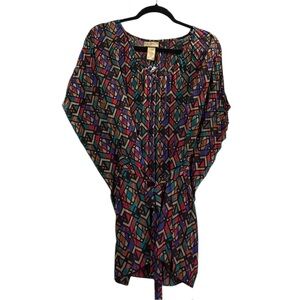 Miss Tina by Massini Geometric Kimono Top Tie Waist Multicolor Boho Blouse